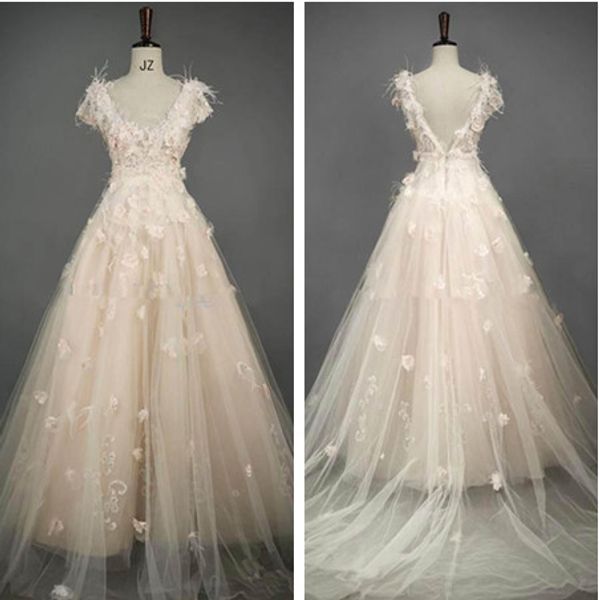 2019 champagne vintage wedding dresses a-line applique feather v-neck ruffles court train cap sleeve backless lace bridal gowns custom w121, White
2019 champagne vintage wedding dresses a-line applique feather v-neck ruffles court train cap sleeve backless lace bridal gowns custom w121, White