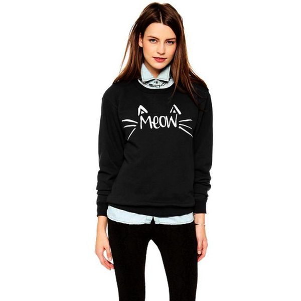 wholesale- autumn winter s-xl women black casual meow emoji printed sweater loose cotton long sleeve pullover for lady clothes, White;black 
wholesale- autumn winter s-xl women black casual meow emoji printed sweater loose cotton long sleeve pullover for lady clothes, White;black