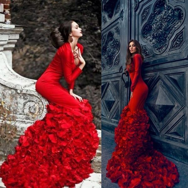 long sleeves evening dresses v neck tiered ruffles red prom gowns sweep train spring fast shipping wedding formal party dress, Black;red
long sleeves evening dresses v neck tiered ruffles red prom gowns sweep train spring fast shipping wedding formal party dress, Black;red