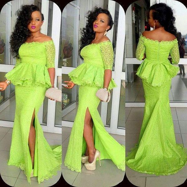 2021 green lace mermaid prom dresses with sleeves off the shoulder formal party dresses floor length side slit evening gown with peplum, Black
2021 green lace mermaid prom dresses with sleeves off the shoulder formal party dresses floor length side slit evening gown with peplum, Black