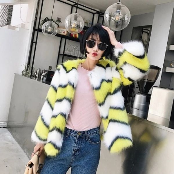 winter new striped slim fox fur coat c3, Black