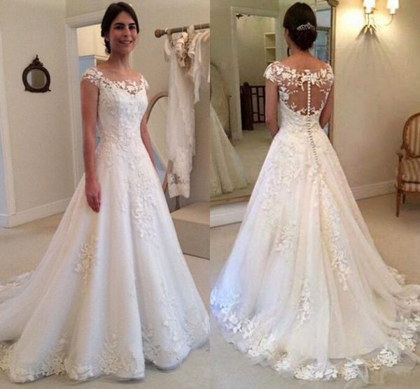 2019 beach wedding dresses full lace appliques illusion neck cap sleeves sweep train button back formal vestidos bridal gowns custom made, White
2019 beach wedding dresses full lace appliques illusion neck cap sleeves sweep train button back formal vestidos bridal gowns custom made, White