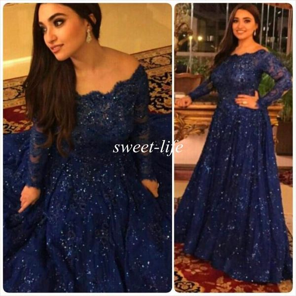 

Sparkly Vintage Evening Dresses 2015 Cheap Long Sleeves Beads Crystals Ruffled Sweep Train Plus Size Arabic Navy Blue Lace Formal Prom Gowns