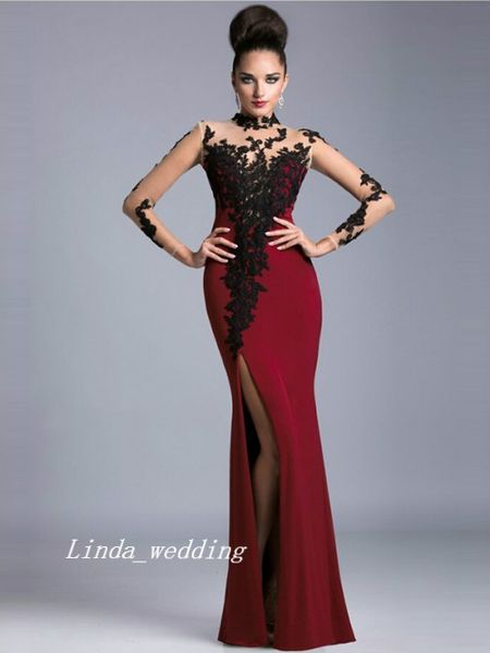 red and black trumpet mermaid high neck sheer side slit long sleeves applique satin floor-length long evening dresses, Black;red
red and black trumpet mermaid high neck sheer side slit long sleeves applique satin floor-length long evening dresses, Black;red