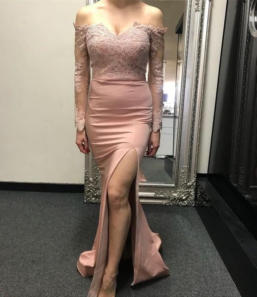 nude pink evening dresses long sleeve off shoulder lace side split floor length modern party gowns custom size, Black;red
nude pink evening dresses long sleeve off shoulder lace side split floor length modern party gowns custom size, Black;red