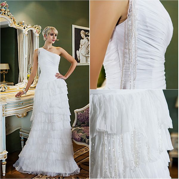 2016 new fashion popular ivory sweep/brush train one shoulder tiers organza sheath outdoor wedding dresses 180, White
2016 new fashion popular ivory sweep/brush train one shoulder tiers organza sheath outdoor wedding dresses 180, White