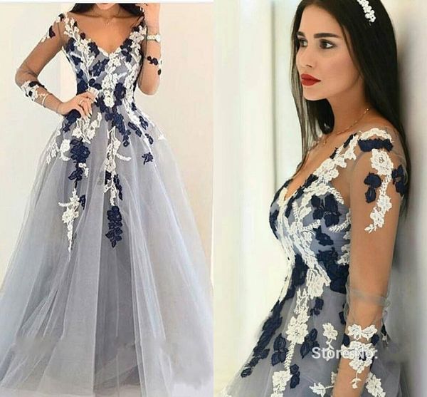 2018 new prom dresses v neck illusion long sleeves lace appliques long gray tulle open back evening dress party pageant formal gowns, Black
2018 new prom dresses v neck illusion long sleeves lace appliques long gray tulle open back evening dress party pageant formal gowns, Black