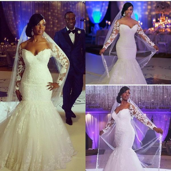 plus size wedding dresses off-shoulder long sleeve appliques lace mermaid wedding gowns chapel train custom made, White
plus size wedding dresses off-shoulder long sleeve appliques lace mermaid wedding gowns chapel train custom made, White
