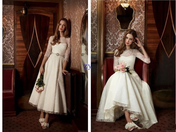 vintage design lace wedding dresses ankle length 3/4 sleeve jewel neck beadings belt a-line bridal gowns zipper back custom made w1052, White
vintage design lace wedding dresses ankle length 3/4 sleeve jewel neck beadings belt a-line bridal gowns zipper back custom made w1052, White