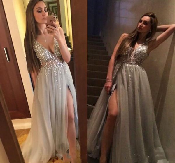 rhinestone long prom dresses gray evening party dress party gowns split sequins crystal graduation dresses deep v neckline vestido, Black
rhinestone long prom dresses gray evening party dress party gowns split sequins crystal graduation dresses deep v neckline vestido, Black
