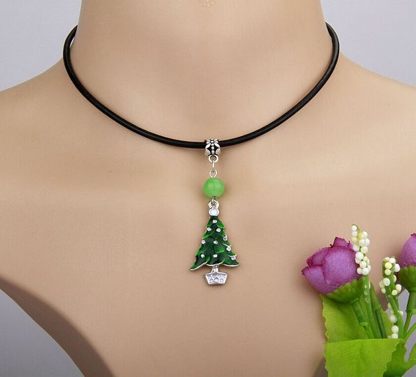 alloy drop glaze christmas pine tree necklace multicolor glass bead charm pendant leather rope necklace jewelry valentine's day present, Silver 
alloy drop glaze christmas pine tree necklace multicolor glass bead charm pendant leather rope necklace jewelry valentine's day present, Silver