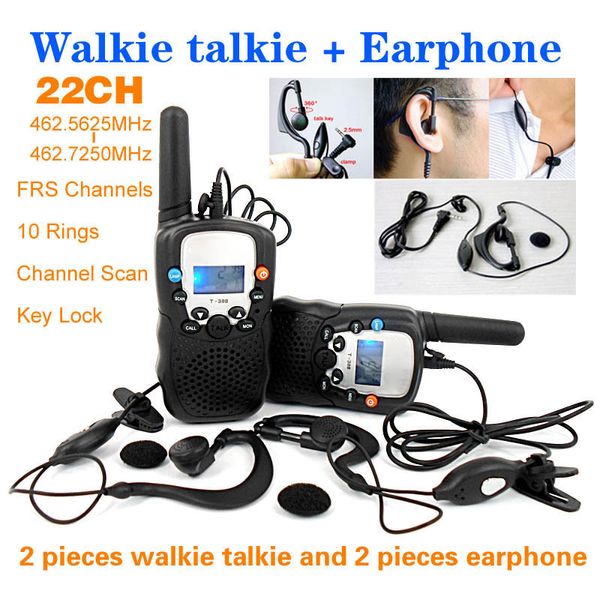 

Wholesale-T-388 22 Channels Monitor Function 2 piece Mini Walkie Talkie Travel Two Way Radio Intercom + 2 piece Earphone and Retail box