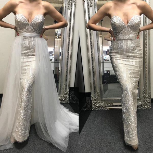 chic silver wedding dress with tulle overskirt lace applique sheath sweetheart neck bridal gowns floor length wedding dresses robe de mariée, White
chic silver wedding dress with tulle overskirt lace applique sheath sweetheart neck bridal gowns floor length wedding dresses robe de mariée, White