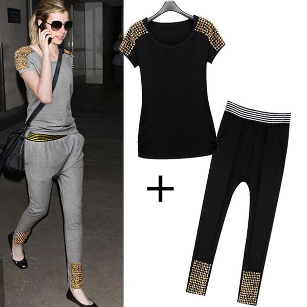FG1509 Fashion Summer Casual Slim Pants+Short-sleeve T-shirt Sports Suit Women Clothing Sets Metal Rivets Women Cotton Sportswear Set
FG1509 Fashion Summer Casual Slim Pants+Short-sleeve T-shirt Sports Suit Women Clothing Sets Metal Rivets Women Cotton Sportswear Set