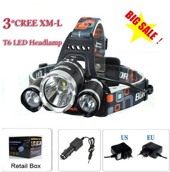 3t6 Headlamp 6000 Lumens 3 X Cree Xm-l T6 Head Lamp High Power Led Headlamp Head Torch Lamp Flashlight Head +charger+car Charger