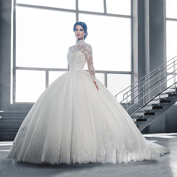 2019 luxury long sleeve high neck wedding dresses ball gown beaded lace tulle sweep train modest bridal gowns custom made, White
2019 luxury long sleeve high neck wedding dresses ball gown beaded lace tulle sweep train modest bridal gowns custom made, White