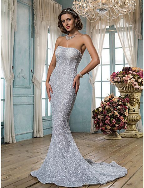 2016 new fashion trumpet/mermaid silver sweep/brush train strapless tulle/sequined sparkle shine wedding dresses 234, White
2016 new fashion trumpet/mermaid silver sweep/brush train strapless tulle/sequined sparkle shine wedding dresses 234, White