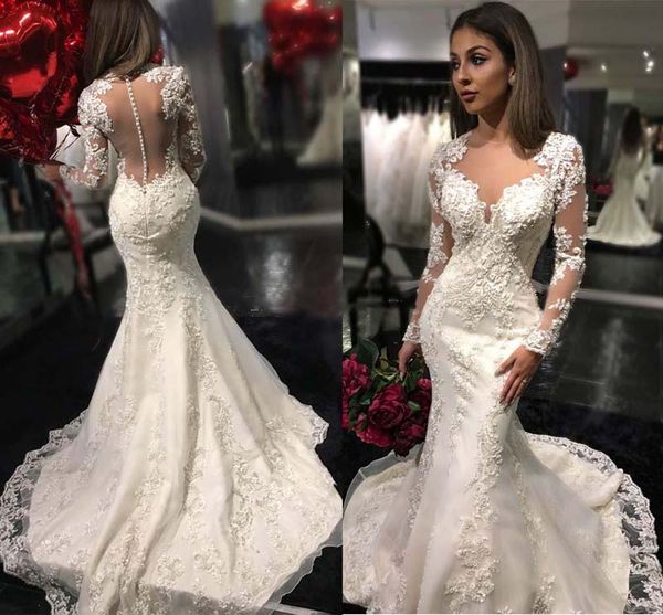 long sleeves mermaid wedding dresses sheer neck appliques tulle satin custom made chapel wedding gowns covered buttons see through back, White
long sleeves mermaid wedding dresses sheer neck appliques tulle satin custom made chapel wedding gowns covered buttons see through back, White