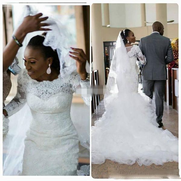 african mermaid long sleeves wedding dresses vintage custom made appliques bride lace train bridal wedding 2017 for sale, White
african mermaid long sleeves wedding dresses vintage custom made appliques bride lace train bridal wedding 2017 for sale, White