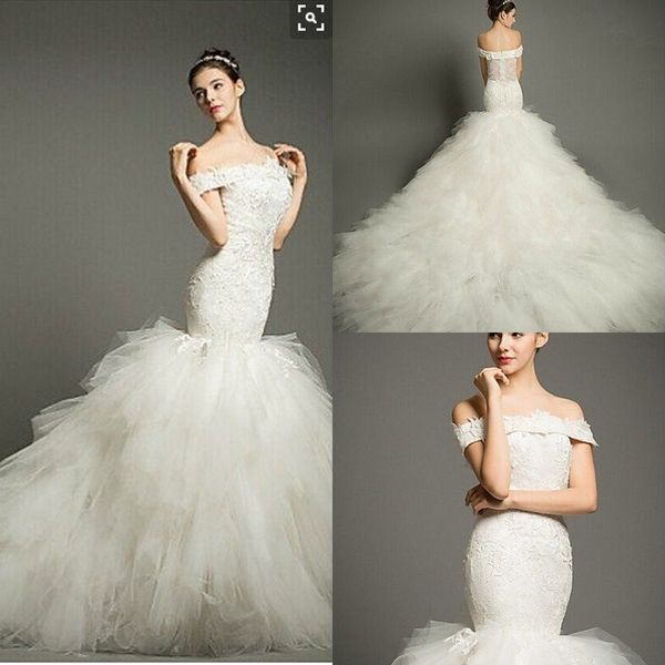 off the shoulder mermaid flouncing ruffles wedding dresses appliques lace organza garden vintage bridal gowns 2016 sweep train fall wedding, White
off the shoulder mermaid flouncing ruffles wedding dresses appliques lace organza garden vintage bridal gowns 2016 sweep train fall wedding, White