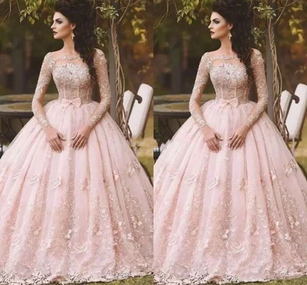 

pink ball gown wedding dresses scoop long sleeve illusion full lace appliqued tulle tiered skirts floor length bridal gown wedding dress, White