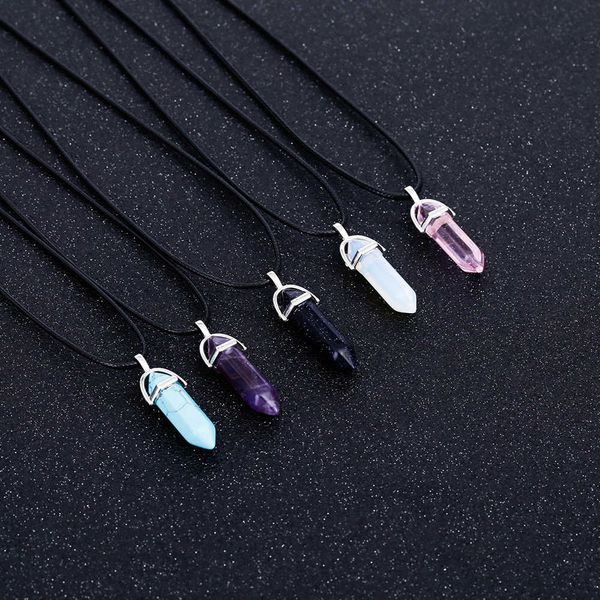 hexagonal column natural crystal turquoises tiger eye pendentif amethyste stone pendant leather chains necklace for women, Silver
hexagonal column natural crystal turquoises tiger eye pendentif amethyste stone pendant leather chains necklace for women, Silver