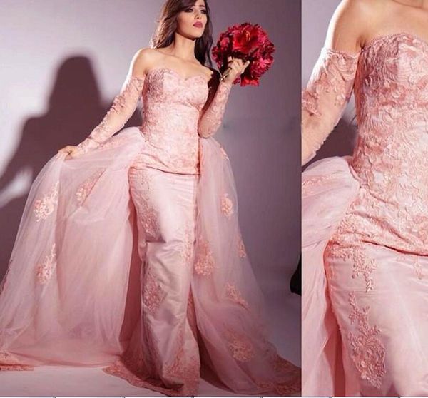 detachable train pink lace prom dresses with long sleeves appliques sweetheart vestidos arabic formal party evening dress gowns, Black;red
detachable train pink lace prom dresses with long sleeves appliques sweetheart vestidos arabic formal party evening dress gowns, Black;red