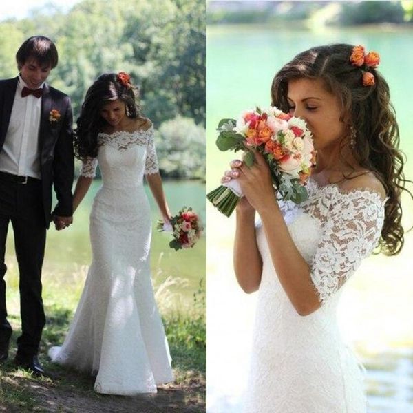 gorgeous mermaid short sleeves wedding dresses illusion portrait buttons lace-up sweep train garden country style bridal gowns custom made, White
gorgeous mermaid short sleeves wedding dresses illusion portrait buttons lace-up sweep train garden country style bridal gowns custom made, White