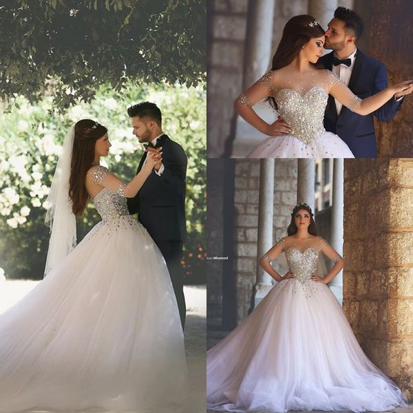 new long sheer sleeves crystals ball gown wedding dresses illusion beading pearls plus size arabic maternity bridal gowns ba1017, White
new long sheer sleeves crystals ball gown wedding dresses illusion beading pearls plus size arabic maternity bridal gowns ba1017, White