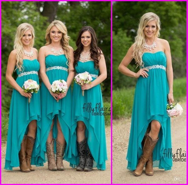 

Country Bridesmaid Dresses 2019 Cheap Teal Turquoise Chiffon Sweetheart High Low Beaded With Belt Party Wedding Guest Dress Maid Honor Gowns