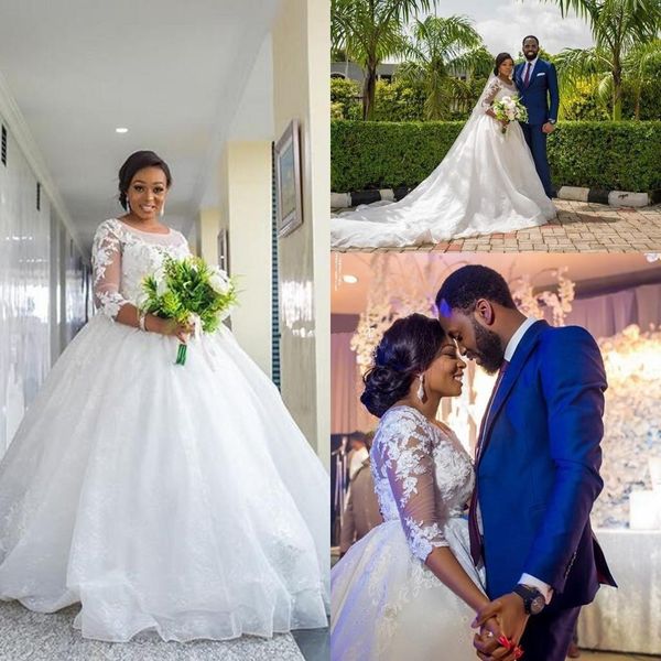 2018 autumn elegant jewel neck lace appliques a line wedding dresses sheer 3/4 long sleeve sweep train bridal gown custom made, White
2018 autumn elegant jewel neck lace appliques a line wedding dresses sheer 3/4 long sleeve sweep train bridal gown custom made, White