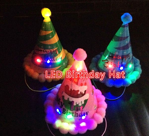 

ems latest 100pcs led light up glow flash happy birthday hat cap headband masquerade party wedding disco kids adults