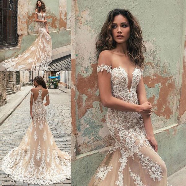 champagne mermaid wedding dresses appliques lace gorgeous sheer neck and back cap sleeve vintage lace bridal gowns custom made, White
champagne mermaid wedding dresses appliques lace gorgeous sheer neck and back cap sleeve vintage lace bridal gowns custom made, White
