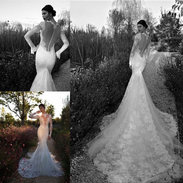 berta vintage lace long sleeves wedding dresses mermaid sheer high neck pearls vestido de novia cathedral train 2015 backless bridal gowns, White
berta vintage lace long sleeves wedding dresses mermaid sheer high neck pearls vestido de novia cathedral train 2015 backless bridal gowns, White