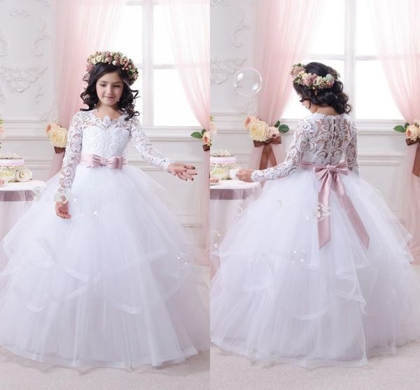 white ball gown organza flower girl dresses puffy princess long sleeves lace bridal dresses with pink ribbon bow sash pageant gowns, White;blue
white ball gown organza flower girl dresses puffy princess long sleeves lace bridal dresses with pink ribbon bow sash pageant gowns, White;blue
