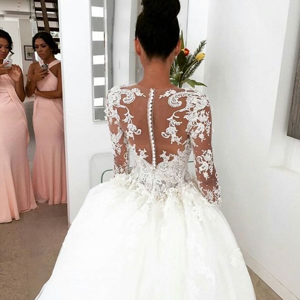 gorgeous lace sheer illusion backless ball gown wedding dresses with long sleeve bead covered back vintage bridal gowns vestidos, White
gorgeous lace sheer illusion backless ball gown wedding dresses with long sleeve bead covered back vintage bridal gowns vestidos, White