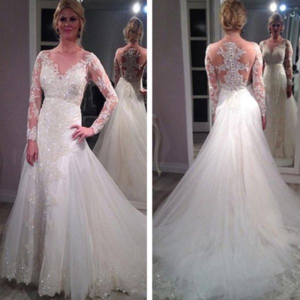 2020 long sleeve mermaid wedding dress v-neck appliques sequins lace long bridal gowns vestidos de novia, White
2020 long sleeve mermaid wedding dress v-neck appliques sequins lace long bridal gowns vestidos de novia, White