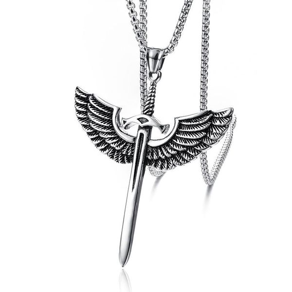 punk stainless steel angel wing sword cross pendants necklace for men rock jewelry drop pendant necklaces, Silver
punk stainless steel angel wing sword cross pendants necklace for men rock jewelry drop pendant necklaces, Silver