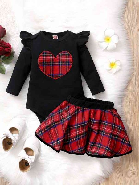 baby heart embroidery ruffle trim bodysuit & tartan print skirt she, White 
baby heart embroidery ruffle trim bodysuit & tartan print skirt she, White