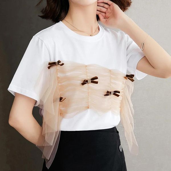 women's t-shirt fashion summer women mesh bow 2021 loose slim short sleeve female plus size basic wear black t-shirts, White
women's t-shirt fashion summer women mesh bow 2021 loose slim short sleeve female plus size basic wear black t-shirts, White