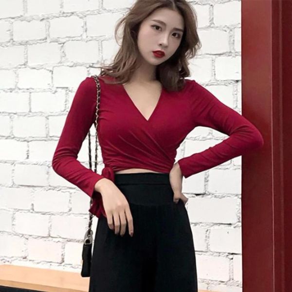 women's t-shirt women deep v neck front wrap side bandage slim cropped base shirt autumn summer streetwear, White
women's t-shirt women deep v neck front wrap side bandage slim cropped base shirt autumn summer streetwear, White