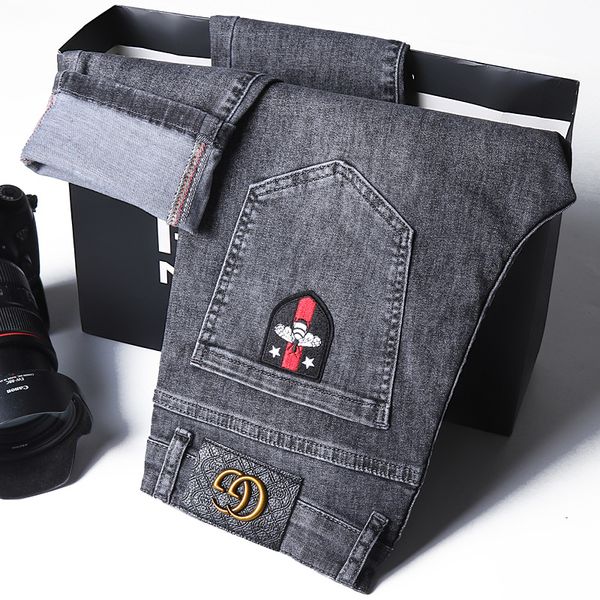 spring and summer men's jeans slim stretch korean youth trend brand embroidery casual trousers with small feet, Blue
spring and summer men's jeans slim stretch korean youth trend brand embroidery casual trousers with small feet, Blue