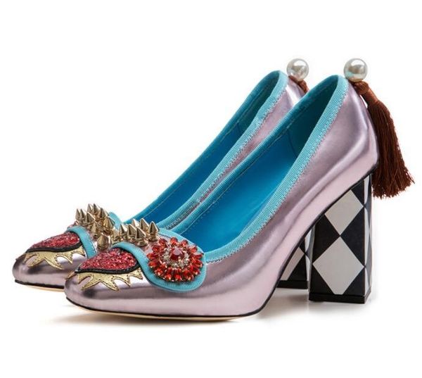 retro mirror leather high heels women's shoes 9cm plaid square fringe pumps ladies crystals studs woman chunky dress, Black
retro mirror leather high heels women's shoes 9cm plaid square fringe pumps ladies crystals studs woman chunky dress, Black
