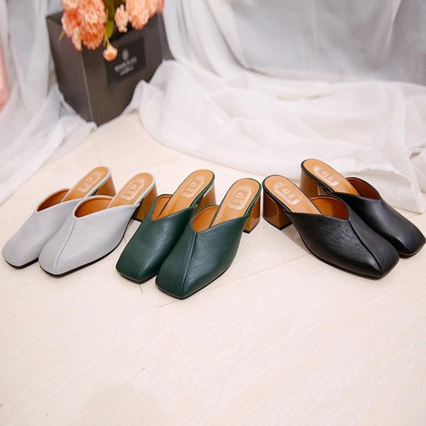 slippers outside casual fashion women closed toe square heel summer retro sewing slides med solid elegant shallow shoes, Black