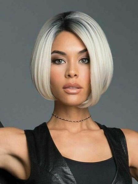 women's short straight bob black roots blonde wig synthetic cosplay dress party