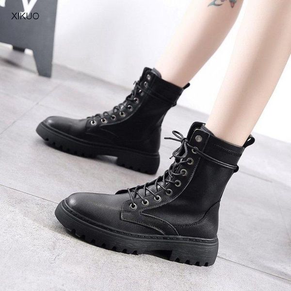 boots 2021 pure color women's leather waterproof platform lace up shoes, Black 
boots 2021 pure color women's leather waterproof platform lace up shoes, Black