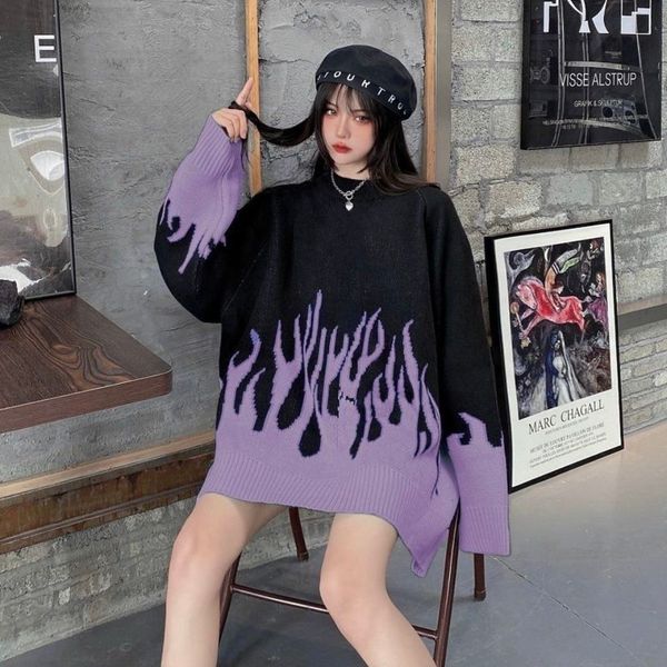 2021 spring new round neck female flame jacquard color matching loose ins net red selling sweater a077, White;black
2021 spring new round neck female flame jacquard color matching loose ins net red selling sweater a077, White;black