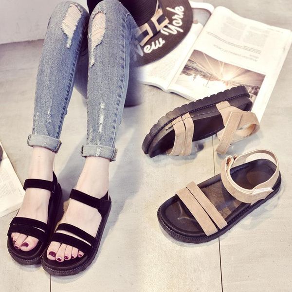 fashion concise summer basic women sandals front rear strap shoes hook loop flat rome, Black 
fashion concise summer basic women sandals front rear strap shoes hook loop flat rome, Black