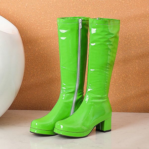 autumn and winter thick heel middle women's boots patent leather high tube square head white side zipper steel pipe, Black
autumn and winter thick heel middle women's boots patent leather high tube square head white side zipper steel pipe, Black