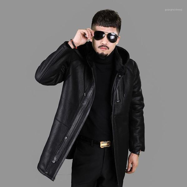 men's leather & faux hooded detachable original ecological sheepskin fur integrated high-grade middle long genuine winter wool coat, Black
men's leather & faux hooded detachable original ecological sheepskin fur integrated high-grade middle long genuine winter wool coat, Black